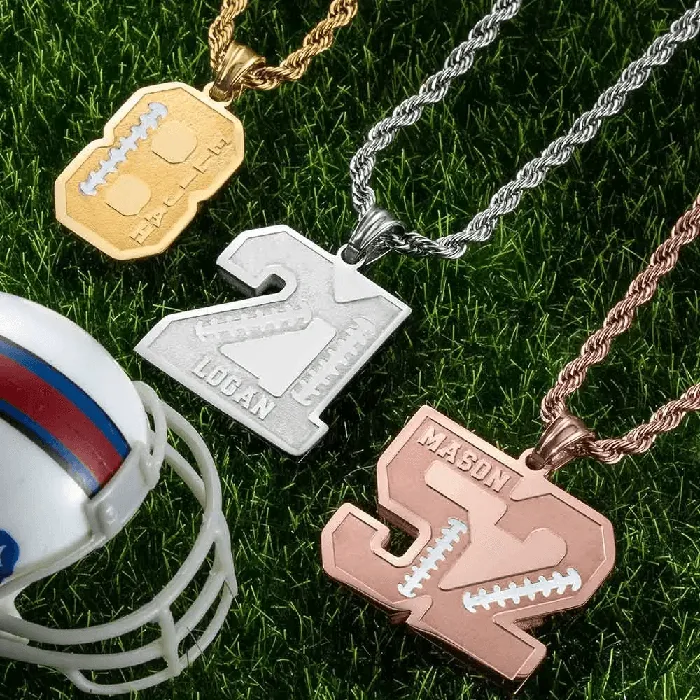 Personalized Football Name and Number Necklace for Athletes Custom Sport Pendant in Stainless Steel Gold Rose Gold and Black Belbren Necklaces