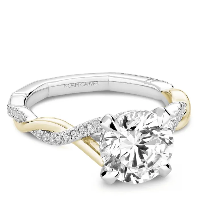 Rings 14K White and Yellow Gold Diamond Semimount Ring Round Diamond Head Twist Shank Noam Carver Rings 14K White and Yellow Gold Diamond Semimount Ring Round Diamond Head Twist Shank Noam Carver