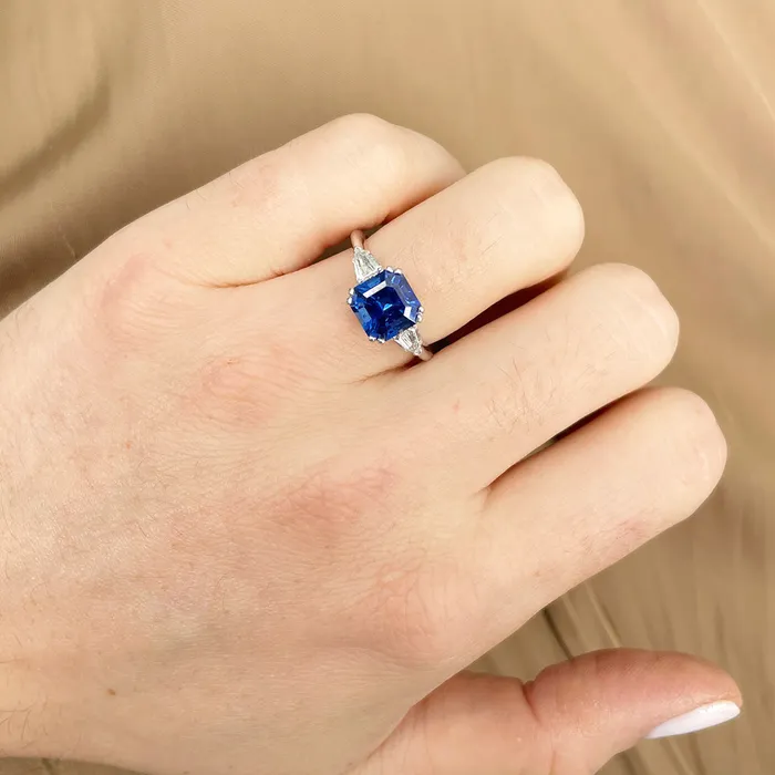 Rings 3ct Asscher Sapphire Diamond ThreeStone 14K Gold Ring Croghans