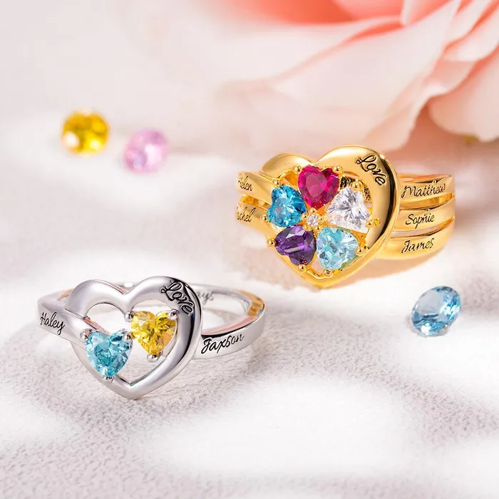 Rings Belbren Personalized Sterling Silver Heart Ring with Custom Birthstones and Engraving Rings Belbren Personalized Sterling Silver Heart Ring with Custom Birthstones and Engraving