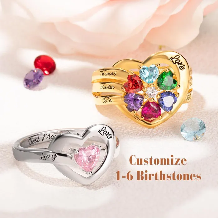 Rings Belbren Personalized Sterling Silver Heart Ring with Custom Birthstones and Engraving