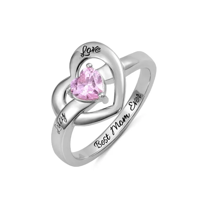 Rings Belbren Personalized Sterling Silver Heart Ring with Custom Birthstones and Engraving