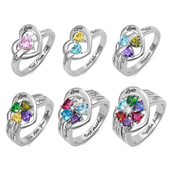 Rings Belbren Personalized Sterling Silver Heart Ring with Custom Birthstones and Engraving