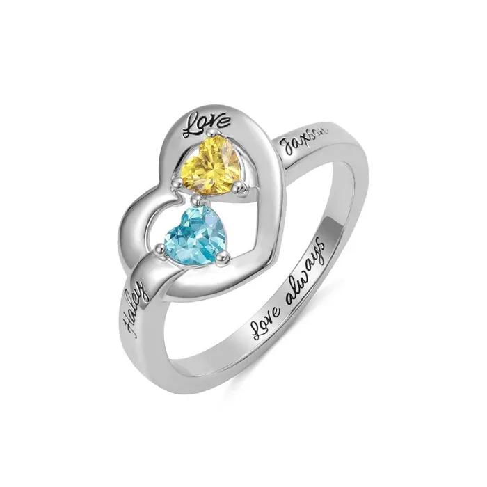 Rings Belbren Personalized Sterling Silver Heart Ring with Custom Birthstones and Engraving