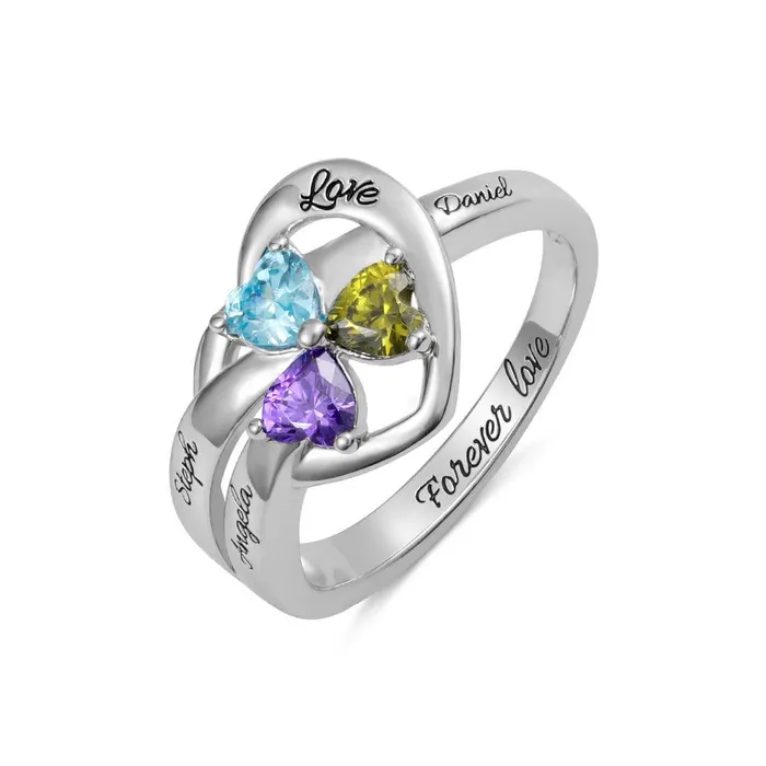 Rings Belbren Personalized Sterling Silver Heart Ring with Custom Birthstones and Engraving