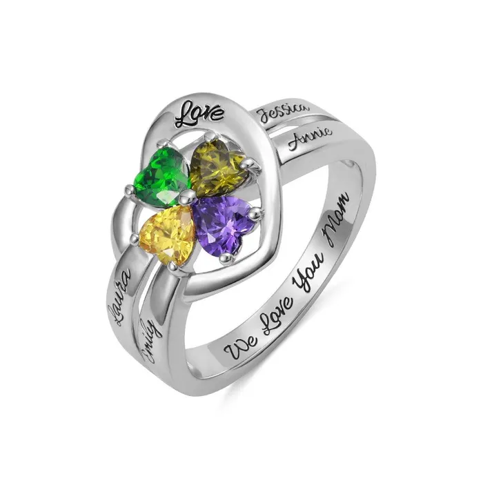 Rings Belbren Personalized Sterling Silver Heart Ring with Custom Birthstones and Engraving