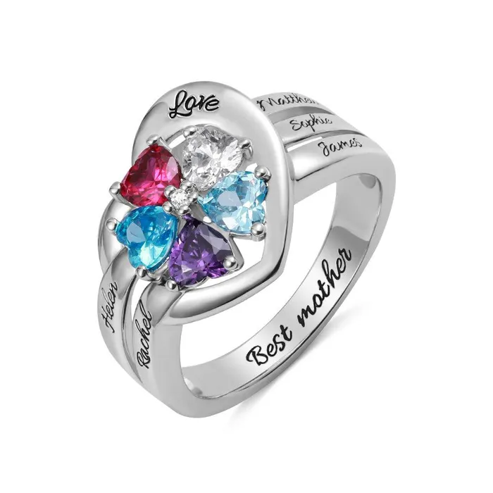 Rings Belbren Personalized Sterling Silver Heart Ring with Custom Birthstones and Engraving