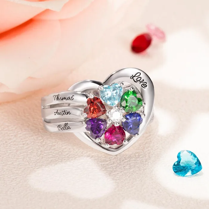 Rings Belbren Personalized Sterling Silver Heart Ring with Custom Birthstones and Engraving