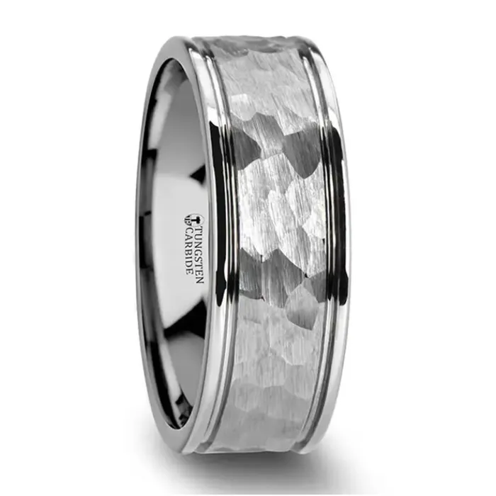 Rings Hammered White Tungsten Carbide 8mm Band Mens Bands
