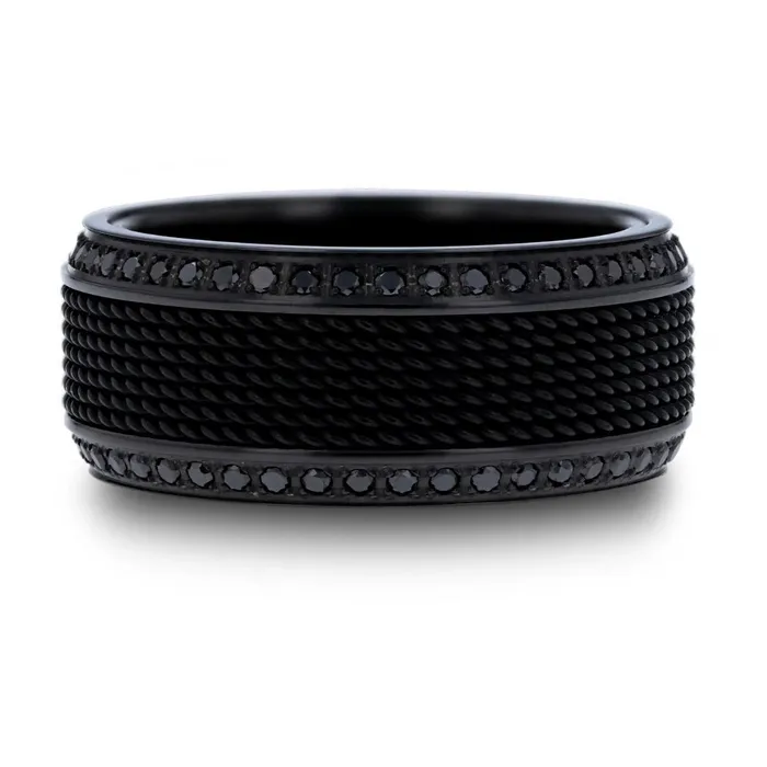 Rings Mens Bands Steel Chain Black Titanium Ring with Polished Edges Set with Black Diamonds Rings Mens Bands Steel Chain Black Titanium Ring with Polished Edges Set with Black Diamonds