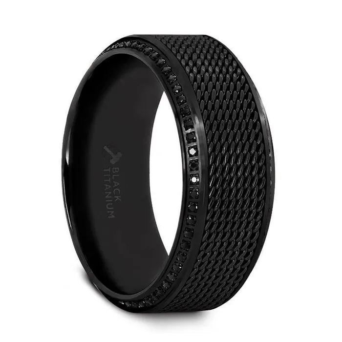 Rings Mens Bands Steel Chain Black Titanium Ring with Polished Edges Set with Black Diamonds Rings Mens Bands Steel Chain Black Titanium Ring with Polished Edges Set with Black Diamonds