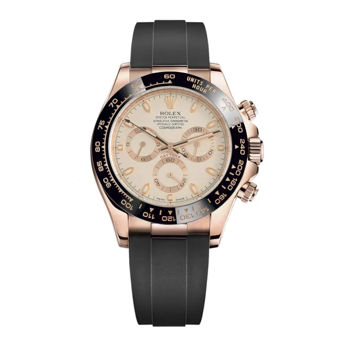 Rolex Bracelets Rolex Cosmograph Daytona 40mm Ref 116515 LNi Ivory Index Dial Ceramic Bezel 18K Rose Gold Case Black Oysterflex Bracelet Mens Watch