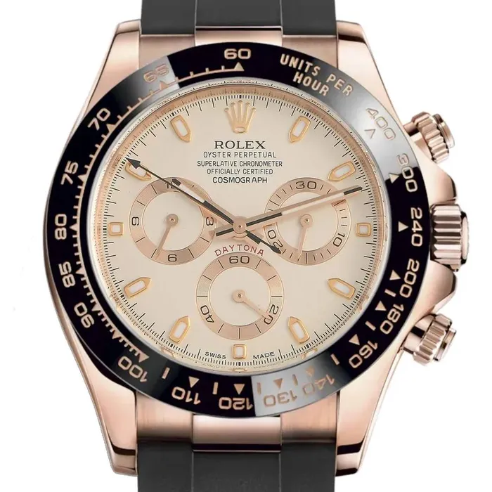 Rolex Bracelets Rolex Cosmograph Daytona 40mm Ref 116515 LNi Ivory Index Dial Ceramic Bezel 18K Rose Gold Case Black Oysterflex Bracelet Mens Watch