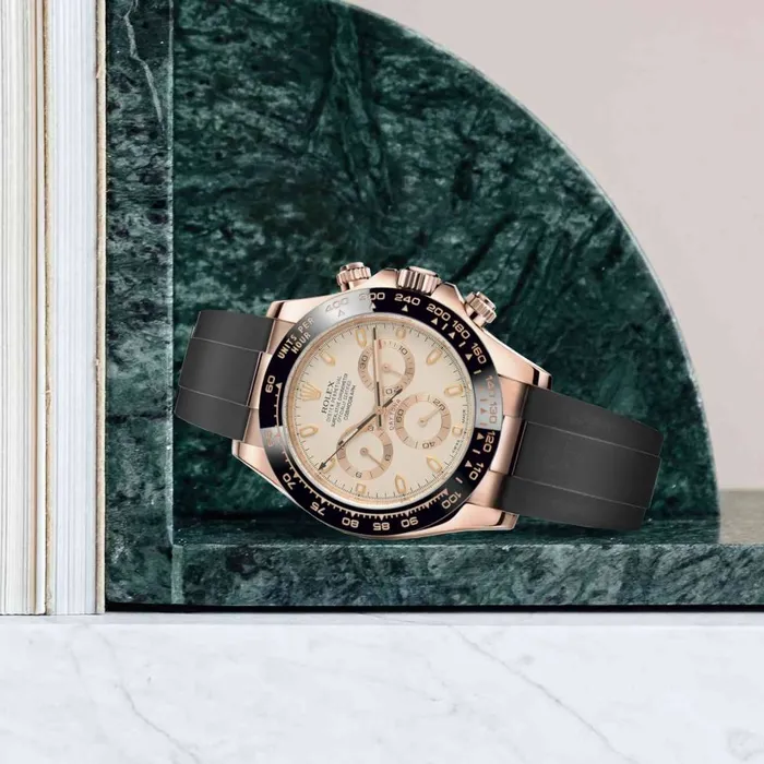 Rolex Bracelets Rolex Cosmograph Daytona 40mm Ref 116515 LNi Ivory Index Dial Ceramic Bezel 18K Rose Gold Case Black Oysterflex Bracelet Mens Watch