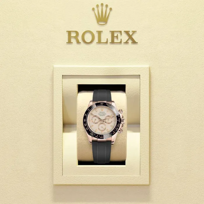 Rolex Bracelets Rolex Cosmograph Daytona 40mm Ref 116515 LNi Ivory Index Dial Ceramic Bezel 18K Rose Gold Case Black Oysterflex Bracelet Mens Watch
