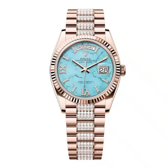 Rolex Bracelets Rolex Day Date 36mm Ref 128235 Tiffany Blue Turquoise Diamond Dial Fluted Bezel 18K Rose Gold Diamonds President Bracelet Watch Rolex Bracelets Rolex Day Date 36mm Ref 128235 Tiffany Blue Turquoise Diamond Dial Fluted Bezel 18K Rose Gold Diamonds President Bracelet Watch