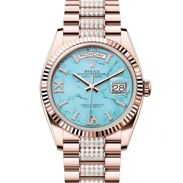 Rolex Bracelets Rolex Day Date 36mm Ref 128235 Tiffany Blue Turquoise Diamond Dial Fluted Bezel 18K Rose Gold Diamonds President Bracelet Watch