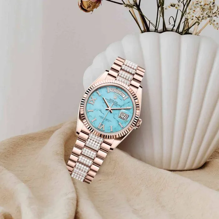 Rolex Bracelets Rolex Day Date 36mm Ref 128235 Tiffany Blue Turquoise Diamond Dial Fluted Bezel 18K Rose Gold Diamonds President Bracelet Watch