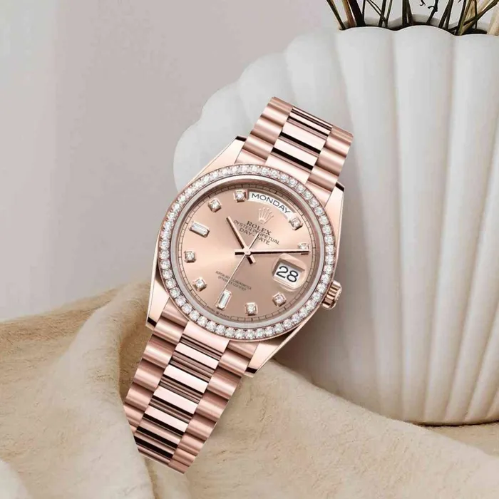 Rolex Bracelets Rolex Day Date 36mm Ref 128345rbr0009 Champagne Diamond Dial Diamond Bezel 18K Rose Gold President Bracelet Watch