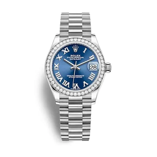 Rolex Datejust 31mm Ref 278289rbr0023 Blue Dial Diamond Bezel 18K White Gold Presidential Bracelet Womens Watch Rolex Bracelets