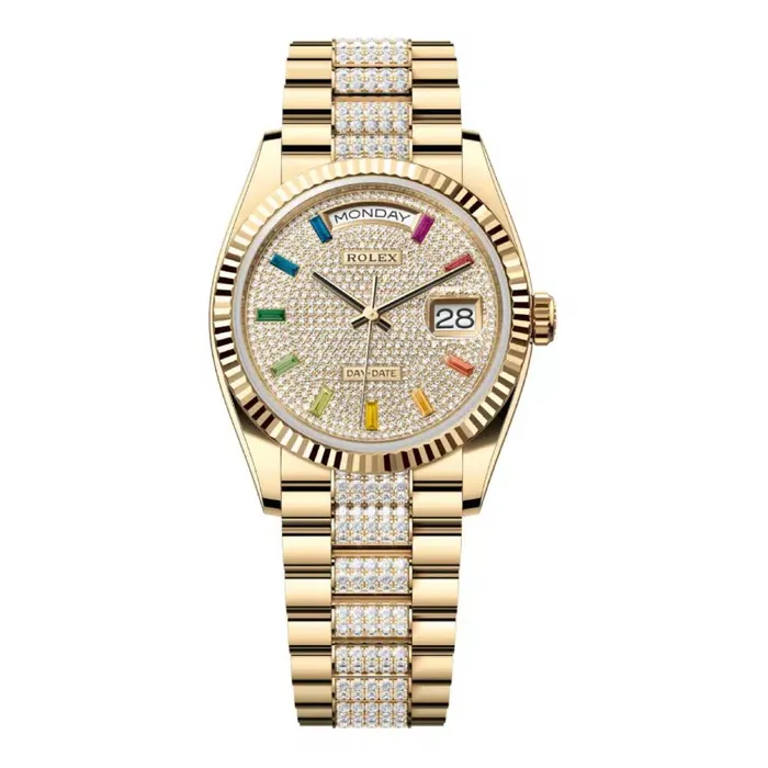 Rolex Day Date 36mm Ref 1282380052 Pave Rainbow Diamond Dial Fluted Bezel 18K Yellow Gold Diamonds President Bracelet Watch Rolex Bracelets Rolex Day Date 36mm Ref 1282380052 Pave Rainbow Diamond Dial Fluted Bezel 18K Yellow Gold Diamonds President Bracelet Watch Rolex Bracelets