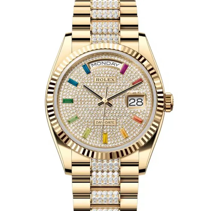 Rolex Day Date 36mm Ref 1282380052 Pave Rainbow Diamond Dial Fluted Bezel 18K Yellow Gold Diamonds President Bracelet Watch Rolex Bracelets