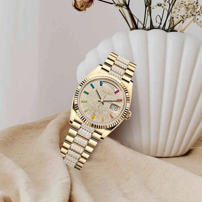 Rolex Day Date 36mm Ref 1282380052 Pave Rainbow Diamond Dial Fluted Bezel 18K Yellow Gold Diamonds President Bracelet Watch Rolex Bracelets