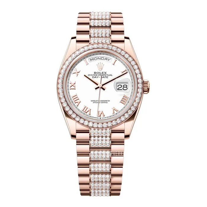 Rolex Rolex Day Date 36mm Ref 128345rbr0055 White Roman Dial Diamond Bezel 18K Rose Gold Diamonds President Bracelet Watch Bracelets Rolex Rolex Day Date 36mm Ref 128345rbr0055 White Roman Dial Diamond Bezel 18K Rose Gold Diamonds President Bracelet Watch Bracelets