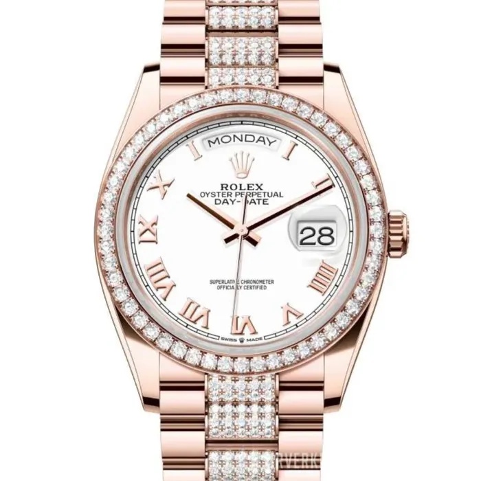 Rolex Rolex Day Date 36mm Ref 128345rbr0055 White Roman Dial Diamond Bezel 18K Rose Gold Diamonds President Bracelet Watch Bracelets