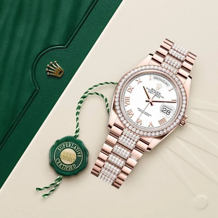 Rolex Rolex Day Date 36mm Ref 128345rbr0055 White Roman Dial Diamond Bezel 18K Rose Gold Diamonds President Bracelet Watch Bracelets