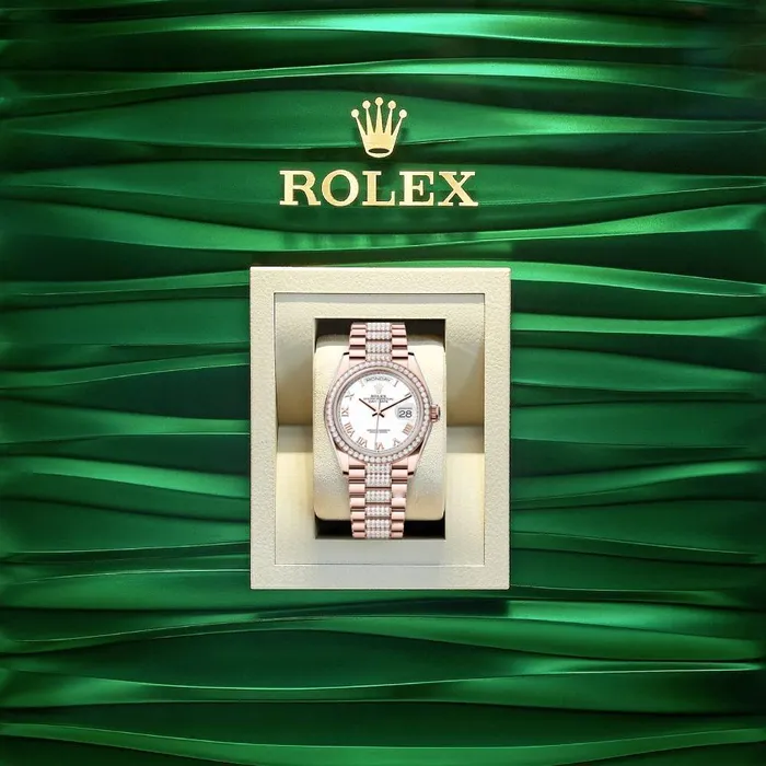 Rolex Rolex Day Date 36mm Ref 128345rbr0055 White Roman Dial Diamond Bezel 18K Rose Gold Diamonds President Bracelet Watch Bracelets