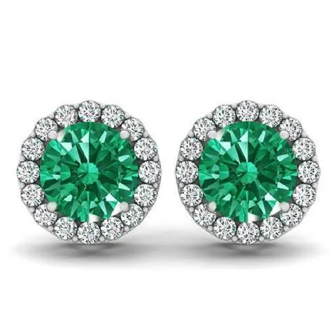 9 Carats Round Green Emerald And Halo Natural Earth Mined Diamond Stud Earring White Gold 14K GB Earrings 9 Carats Round Green Emerald And Halo Natural Earth Mined Diamond Stud Earring White Gold 14K GB Earrings