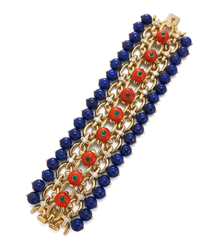 Brocade Bracelet Diamonds Coral Emerald Lapis Lazuli David Webb Workshop Bracelets
