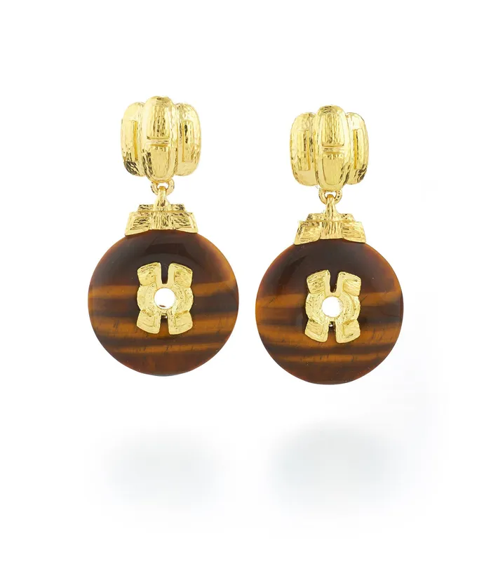 David Webb Workshop Earrings Disk Earrings Tigers Eye