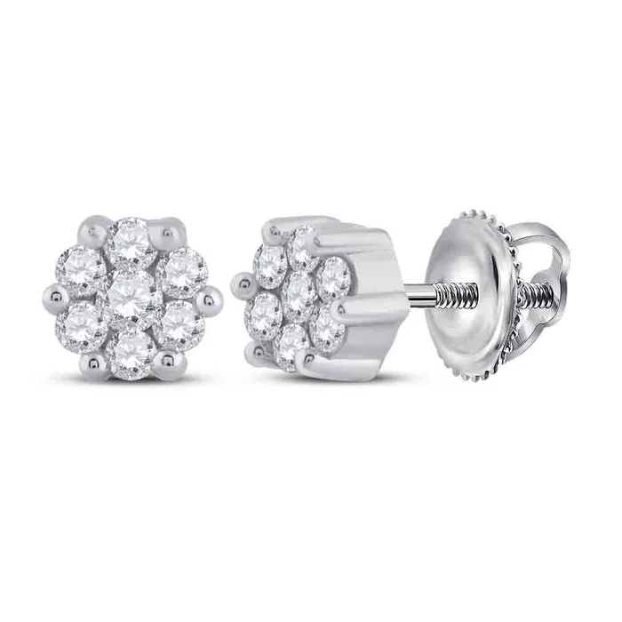 Earrings GND 10kt White Gold Womens Round Diamond Flower Cluster Earrings 16 Cttw GND Earrings GND 10kt White Gold Womens Round Diamond Flower Cluster Earrings 16 Cttw GND