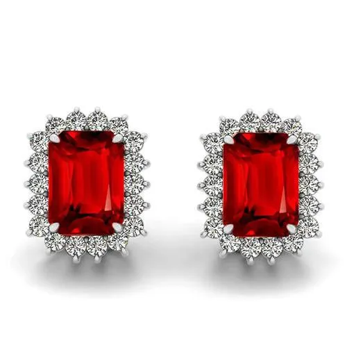 Emerald Cut Ruby 10 Carats Stud Earrings White Gold 14K GB Earrings