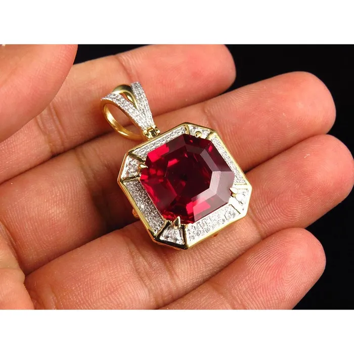 GB 540 Ct Asscher Shape Red Ruby And Natural Earth Mined Diamond Necklace Pendant Necklaces