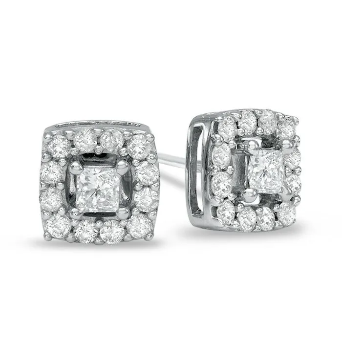 GB Earrings 22 Ct Four Prong Set Princess Round Natural Earth Mined Diamond Stud Earring Halo