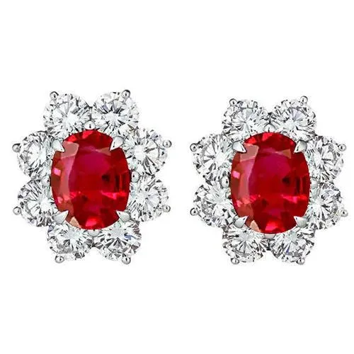 GB Earrings Eagle Claw Prongs Red Ruby Natural Earth Mined Diamond Studs Halo Earring White Gold 14K GB Earrings Eagle Claw Prongs Red Ruby Natural Earth Mined Diamond Studs Halo Earring White Gold 14K