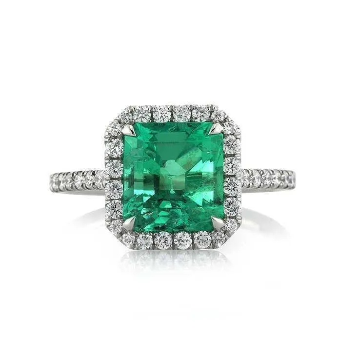 GB Rings 965 Ct Big Green Emerald And Small Natural Earth Mined Diamonds Wedding Ring White Gold