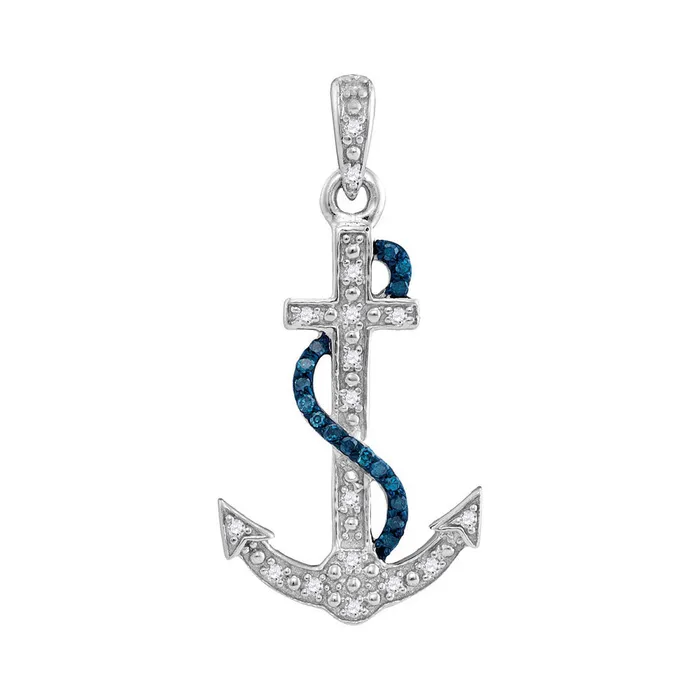 GND Necklaces Sterling Silver Blue Color Enhanced Diamond Nautical Anchor Pendant 110 Cttw