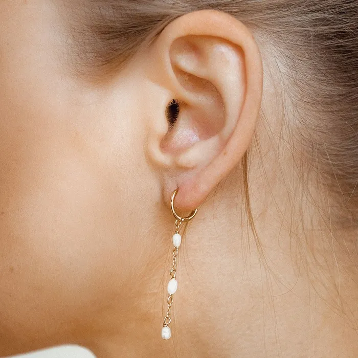Hey Happiness Earrings Triple Pearl Huggie Earrings Sterling Silver Gold Hey Happiness Earrings Triple Pearl Huggie Earrings Sterling Silver Gold