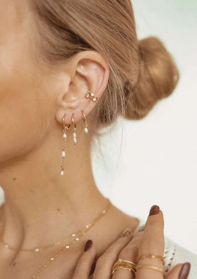 Hey Happiness Earrings Triple Pearl Huggie Earrings Sterling Silver Gold Hey Happiness Earrings Triple Pearl Huggie Earrings Sterling Silver Gold