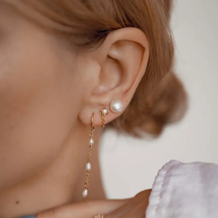 Hey Happiness Earrings Triple Pearl Huggie Earrings Sterling Silver Gold Hey Happiness Earrings Triple Pearl Huggie Earrings Sterling Silver Gold