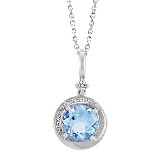Necklaces GB Round Cut With Aquamarine Natural Earth Mined Diamond Pendant 10 Carat WG 14K