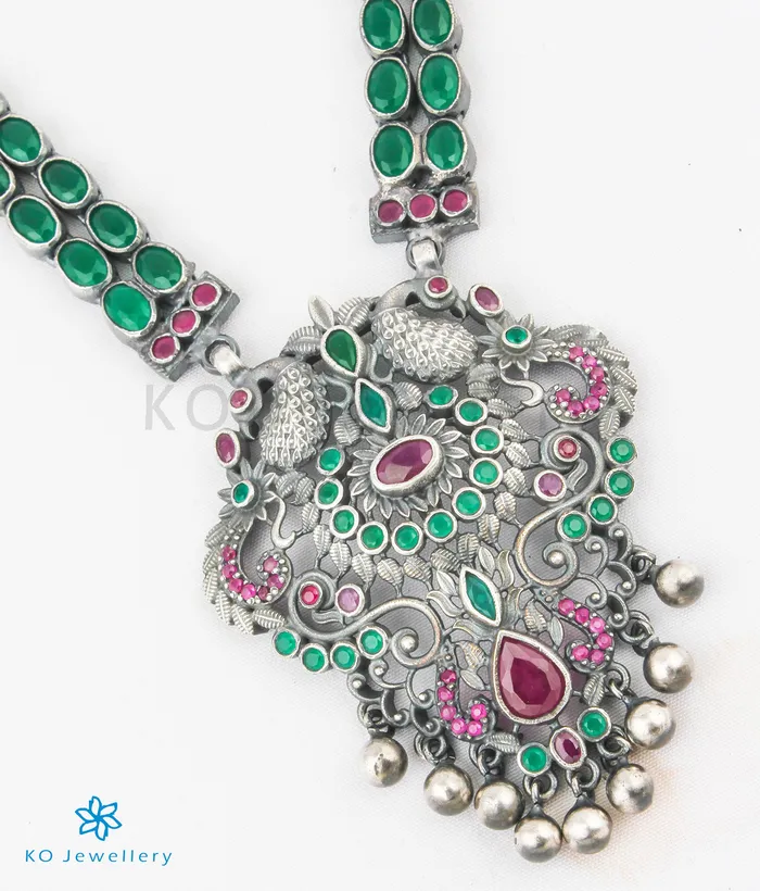 Necklaces The Madhurya Silver Peacock Kempu Necklace Oxidised Silversmith