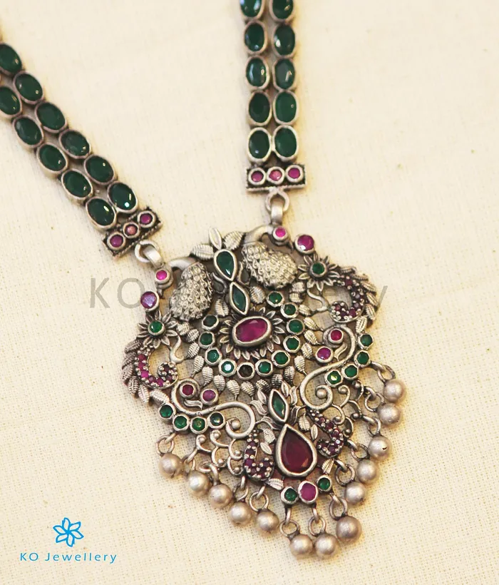 Necklaces The Madhurya Silver Peacock Kempu Necklace Oxidised Silversmith