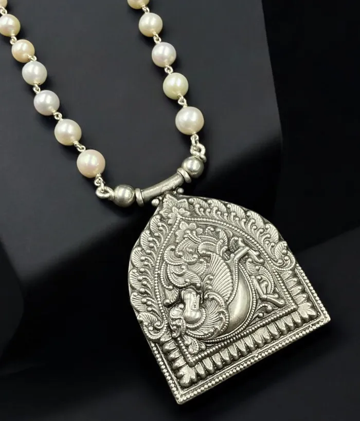Necklaces The Udbhava Silver Heritage Nakkasi Pearl Necklace Silversmith