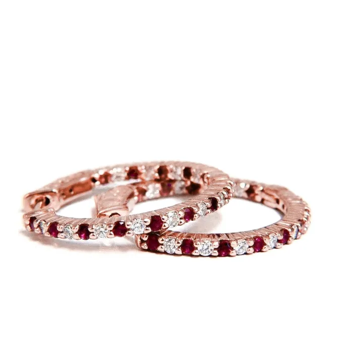 Red Round Cut Ruby Natural Earth Mined Diamond Hoop Earrings Rose Gold 14K 4 Carats GB Earrings Red Round Cut Ruby Natural Earth Mined Diamond Hoop Earrings Rose Gold 14K 4 Carats GB Earrings