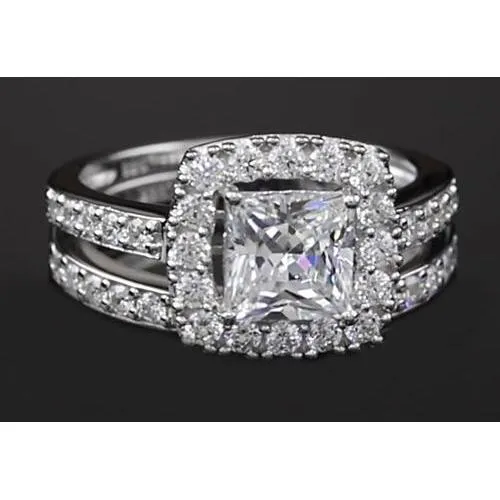 Rings Princess Cut Natural Earth Mined Diamond 3 Carats Halo Ring Split Shank Style GB Rings Princess Cut Natural Earth Mined Diamond 3 Carats Halo Ring Split Shank Style GB